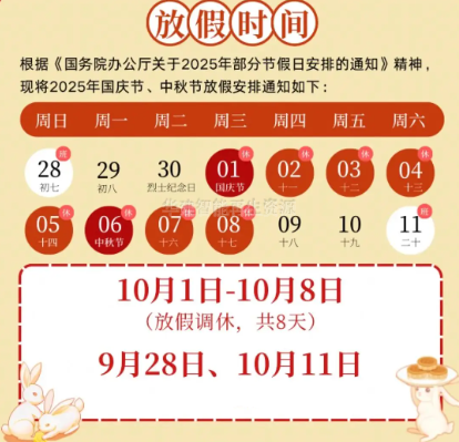 2025年國慶中秋雙節放假通知